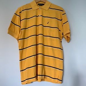 Nautica short sleeve polo, mens medium, yellow with blue and white stripes